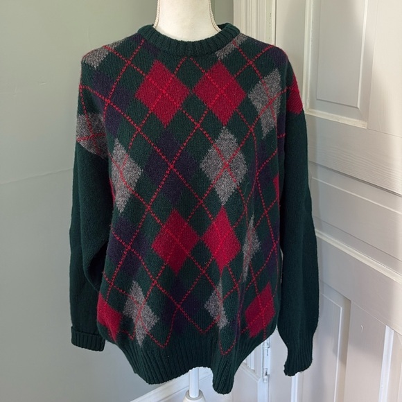 James Dalgliesh Mens Sweater Large Gray Green Red Shetland Wool Argyle Ireland - Picture 1 of 6